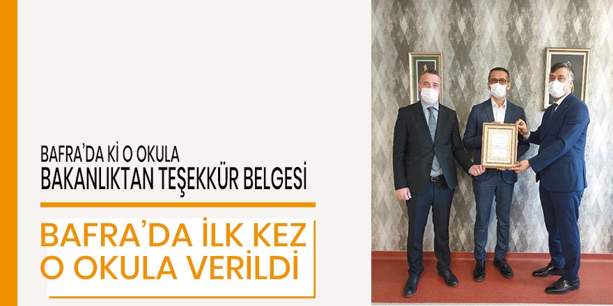 Bafra’da ki o okula teşekkür belgesi