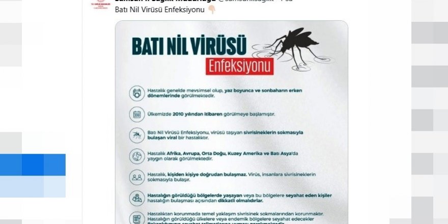 Samsun'da Batı Nil Virüsü Uyarısı