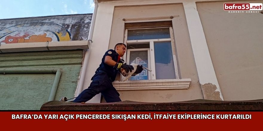 Bafra’da Yarı Açık Pencerede Sıkışan Kedi, İtfaiye Ekiplerince Kurtarıldı